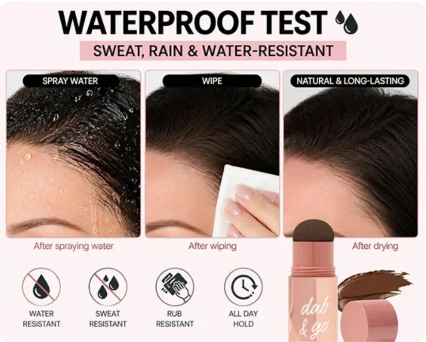 Water-resistant test: hair concealer after spraying water, wiping and drying
